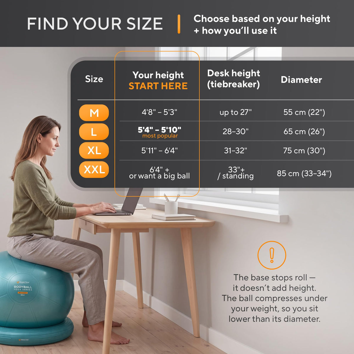 Yoga Ball Chair for Office Desk with Base - Ergonomic Balance & Stability Exercise Ball Seat for Adults - Active Sitting for Posture, Core & Back Pain Relief, Home Gym, Therapy, Pump