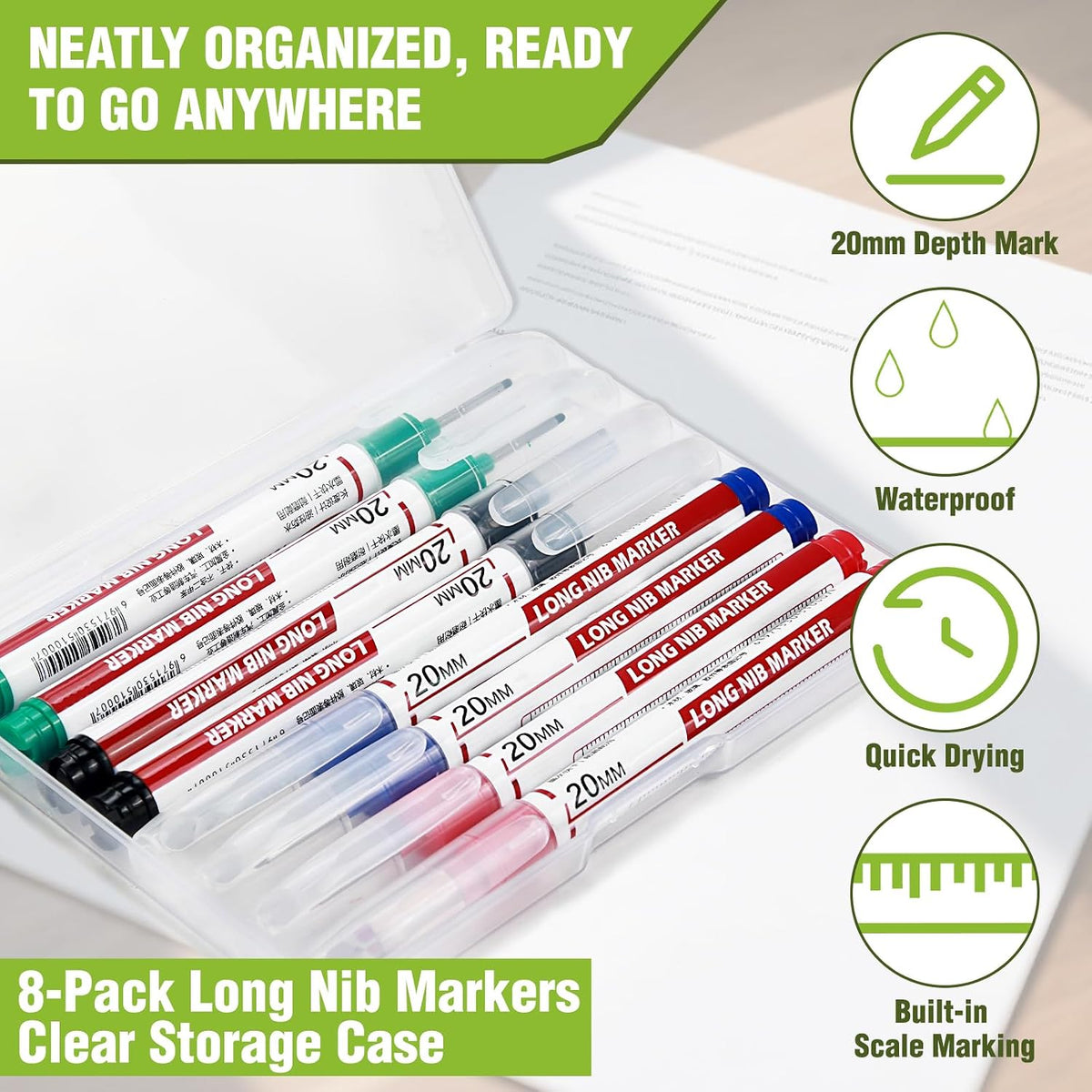 8pcs Long Nib Marker, Long Head Deep Hole Marker Pens, Waterproof Construction Markers Marking Tool, Multi-Purpose Deep Reach Pen Makes For Metal, Carpenter, Woodworking, Gift for Father's Day