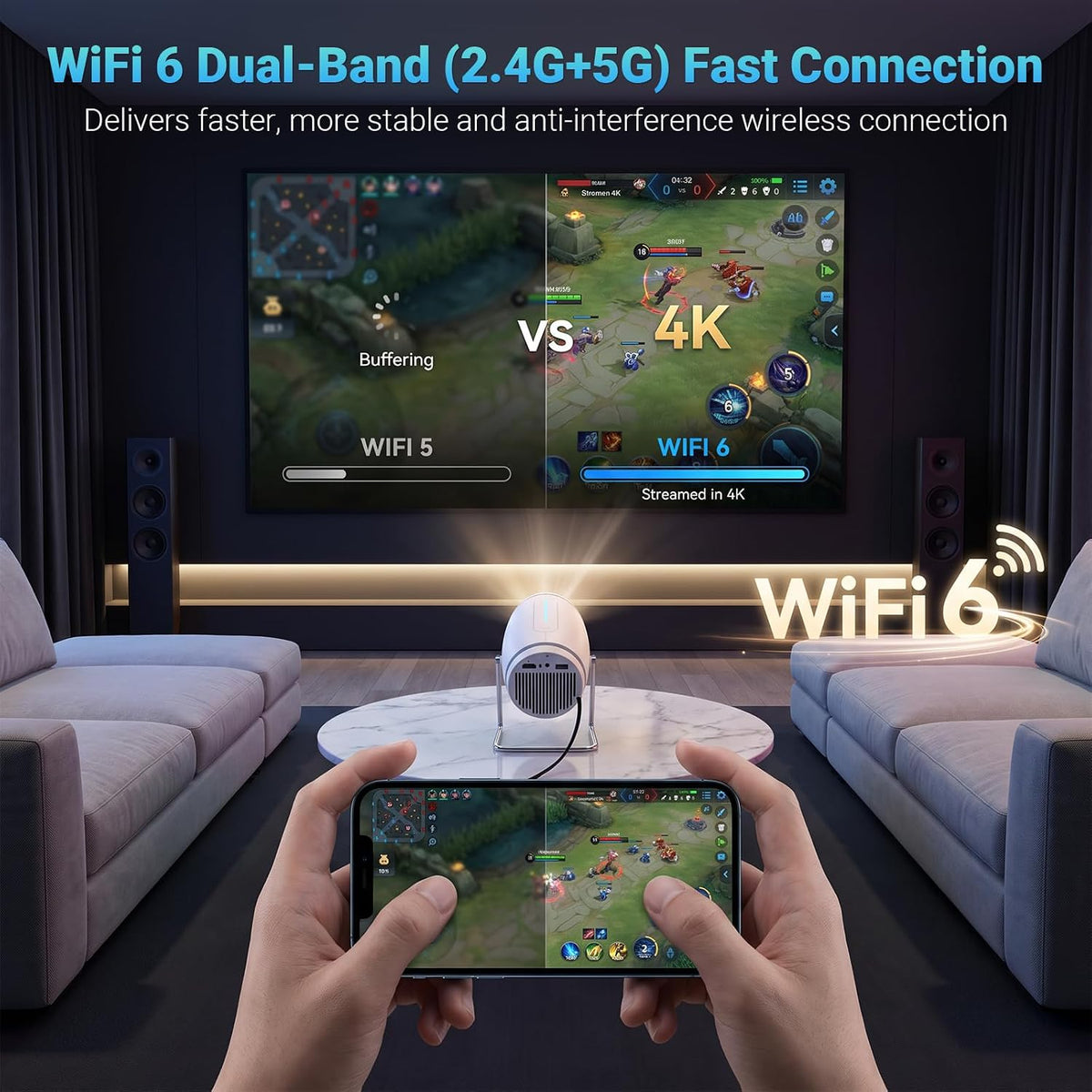 【Built-in APPS】Mini Projector With Wifi And Bluetooth, 1080P 4K Support Portable Projector, Movie Projector for Bedroom, Compatible with Smartphones/TV Stick/iPad/PS5/Laptop/HDMI/USB