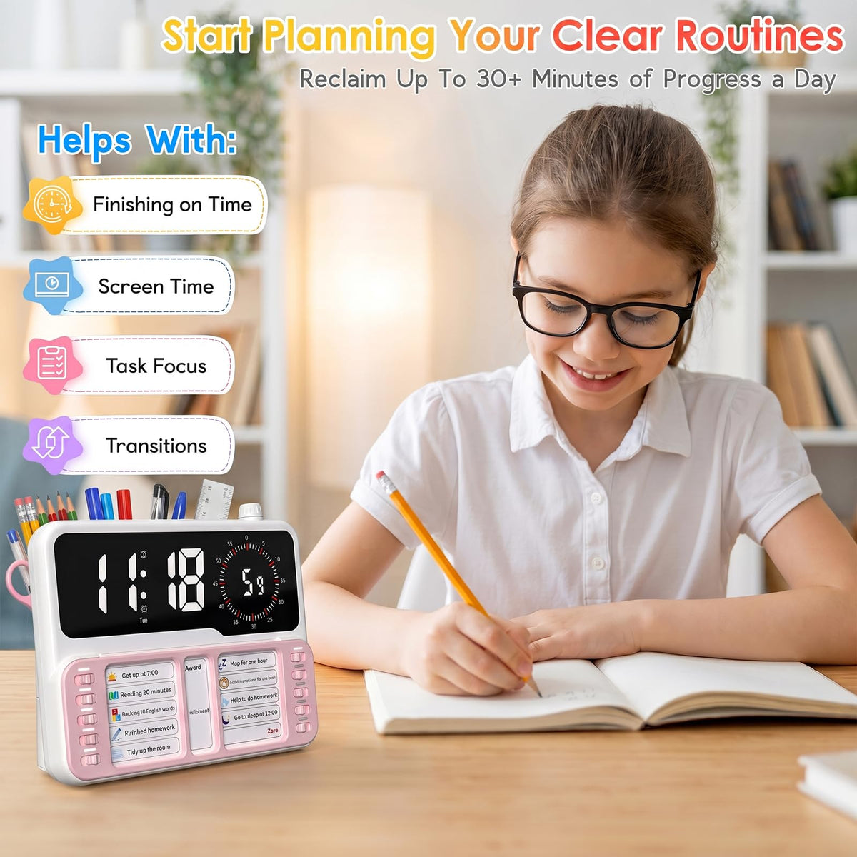 7-in-1 Visual ADHD Timer for Kids with Chore Chart Board, ADHD Tools Schedule for Kids with Autism, Alarm, Countdown, Date, Temperature, Storage, Daily Checklist for Home/School/Classroom/Desk(Blue)