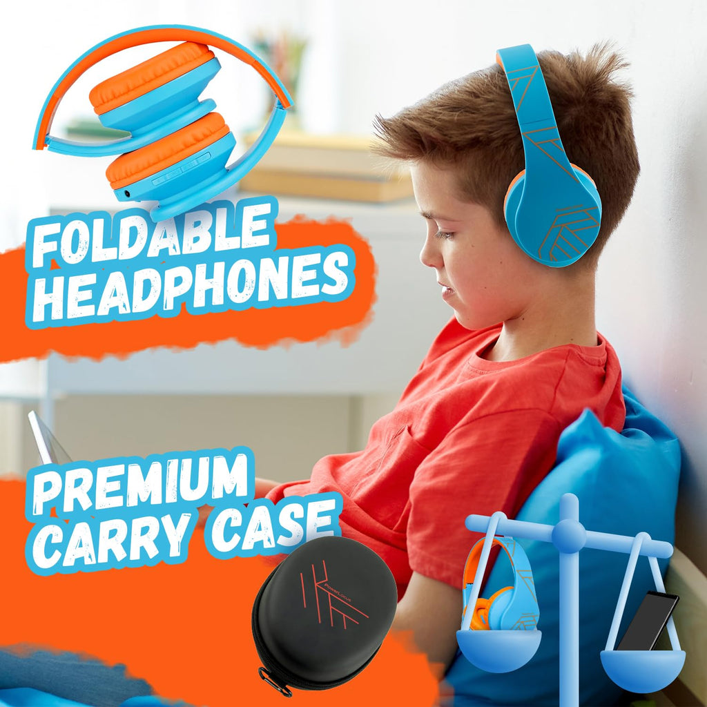 PowerLocus Kids Headphones Over-Ear, Bluetooth Wireless Headphones for Kids,with Microphone, Safe 85DB Volume Limited, Foldable with Carry Case, Audio Cable, Micro SD mode for Online Classes,PC,Phones