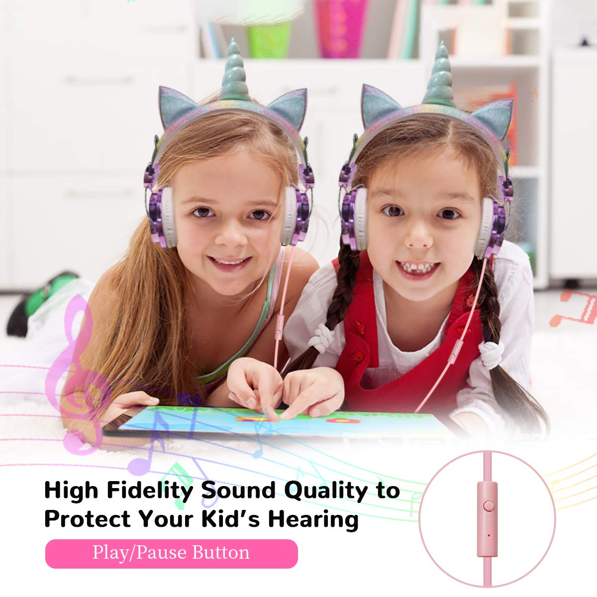 TCJJ Unicorn Kids Wired Headphones with Mic, 3.5mm Jack, On Ear