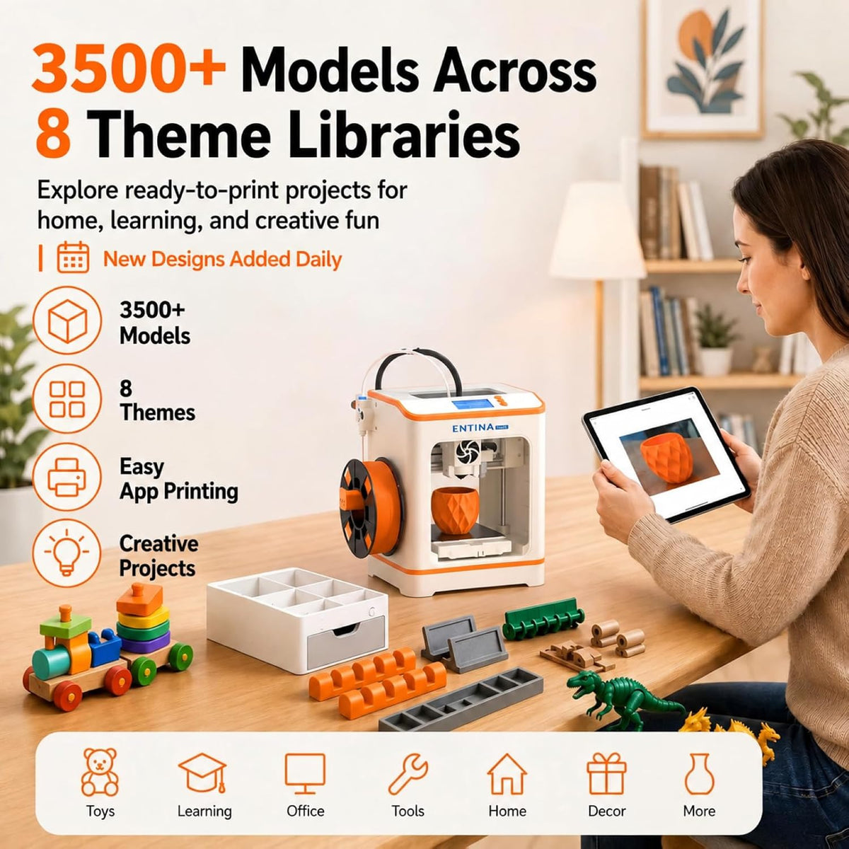 Entina Tina2C 3D Printer for Beginners, Fully Assembled Starter Mini 3D Printer, Start in 8 Mins, App & WiFi Control, Auto Leveling, 3500+ Model Library, 25+ Creative DIY Modules for STEM, Home