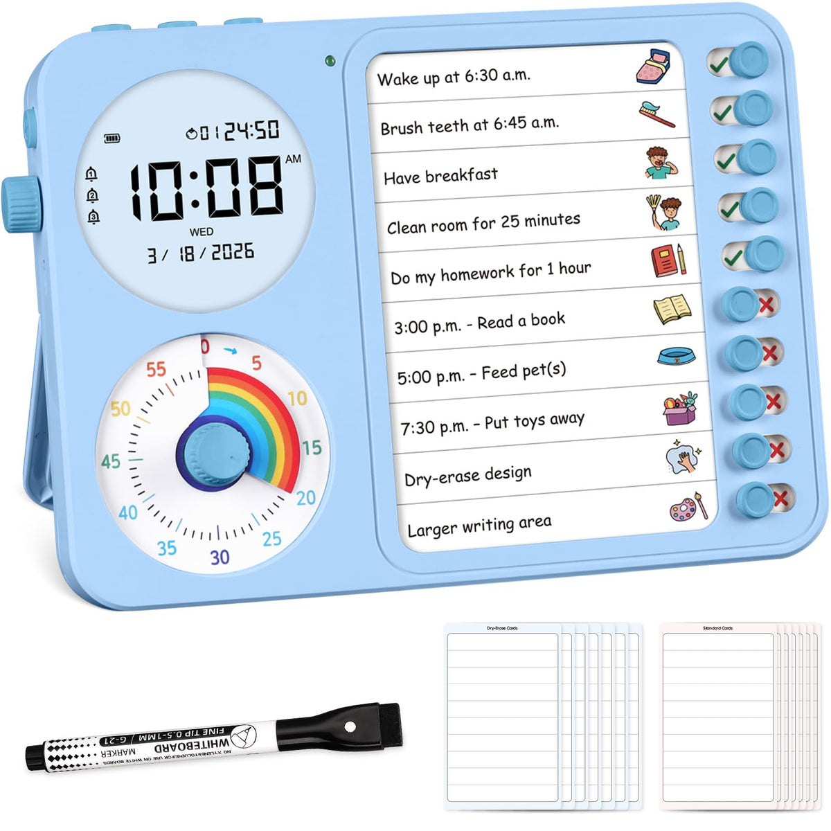 3-in-1 Visual Timer & ADHD Tool for Kids – ADHD Task Timer for Adults with Visual Schedule, Chore Chart & Planning Board for Home, School, Classroom, Work (White)