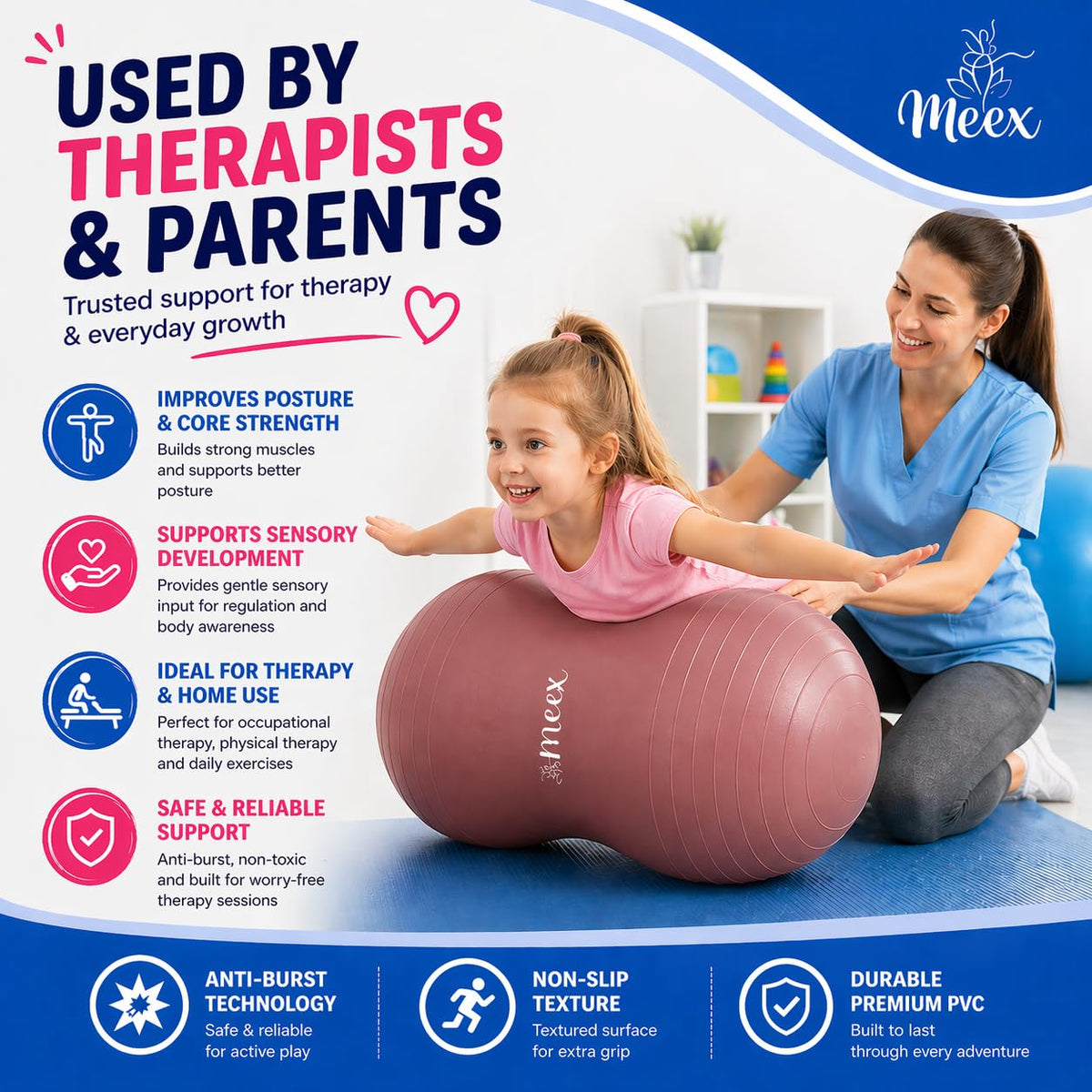 Meex Sensory Peanut Ball for Kids Therapy and Exercise - Enhance Balance, Motor Skills and Physical Therapy Calming Development with Our Yoga Ball - Flexible Seating for Autistic Children