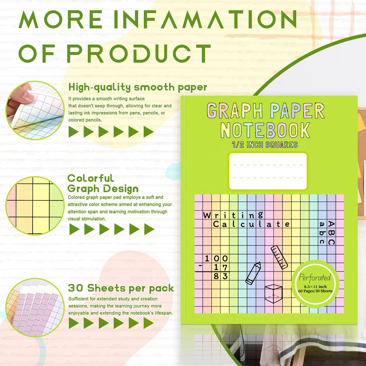 2 Pack 8.5×11 Colored Graph Paper Pad Math Notebook Graph Paper 1/2 Inch Squares Large Quad Ruled Grid Composition Book Colored Grid Notebook Exercise 30 Sheets for Kids Dyslexia Dysgraphia School