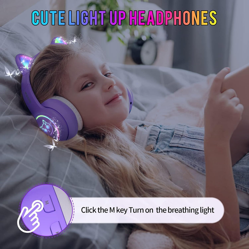 IFECCO Kids Bluetooth Headphones with Case,Cute LED Light Up Cat Ears