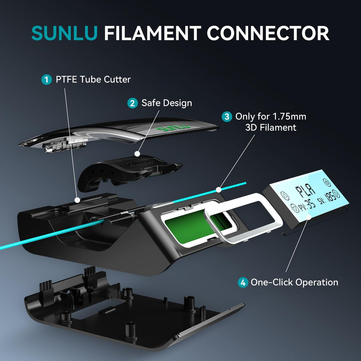 SUNLU Filament Connector, Filament Splicer with 200Pcs PTFE Sleeve for 3D Printer Filament 1.75mm, Fast Heating Up to 240°C, Compatible with PLA PETG TPU ABS PA Nylon