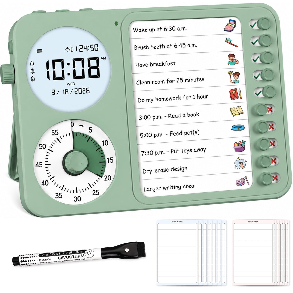 3-in-1 Visual Timer & ADHD Tool for Kids – ADHD Task Timer for Adults with Visual Schedule, Chore Chart & Planning Board for Home, School, Classroom, Work (White)