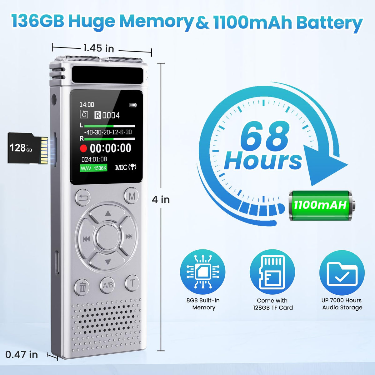Tonfarb 136GB Digital Voice Recorder with Playback,9775 Hours Audio Record