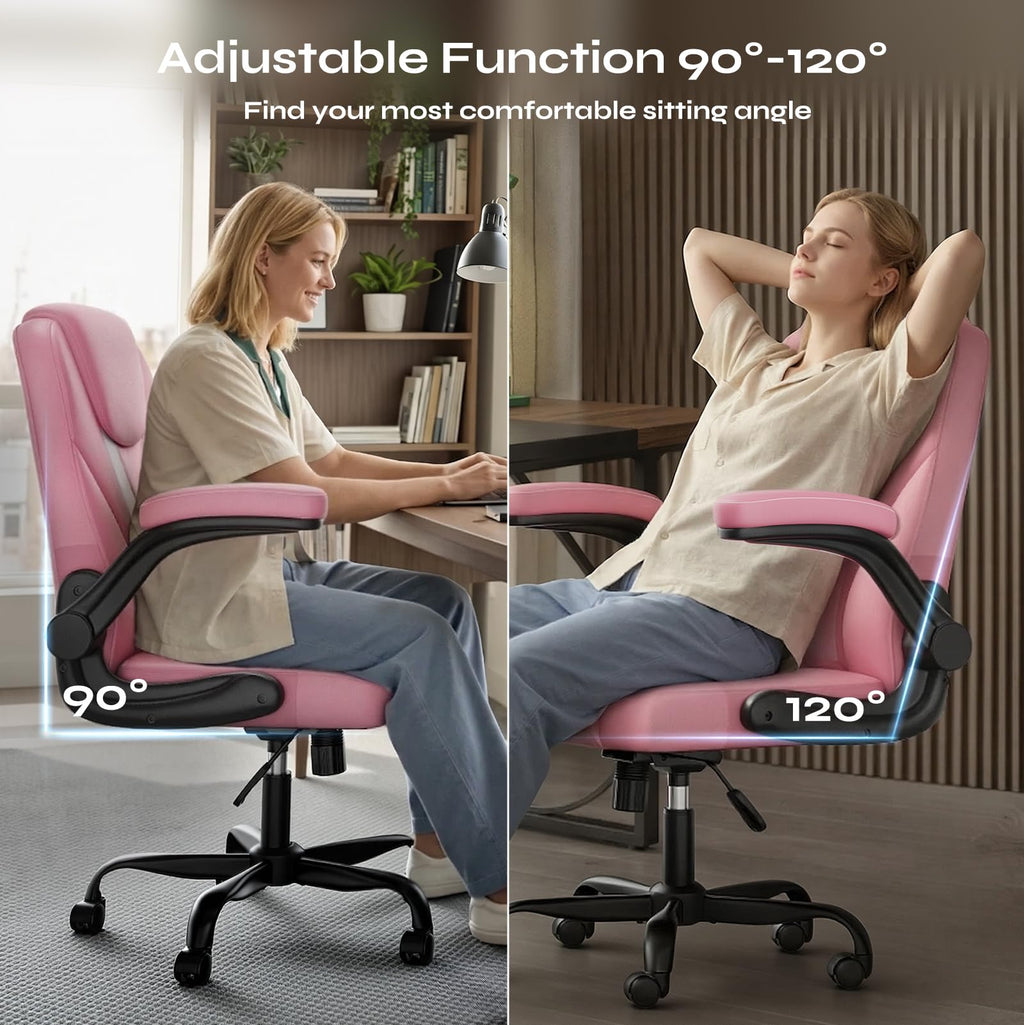 PU Leather Mid-Back Office Chair, Flip-Up Arms, 3.5" Dual-Layer Cushion