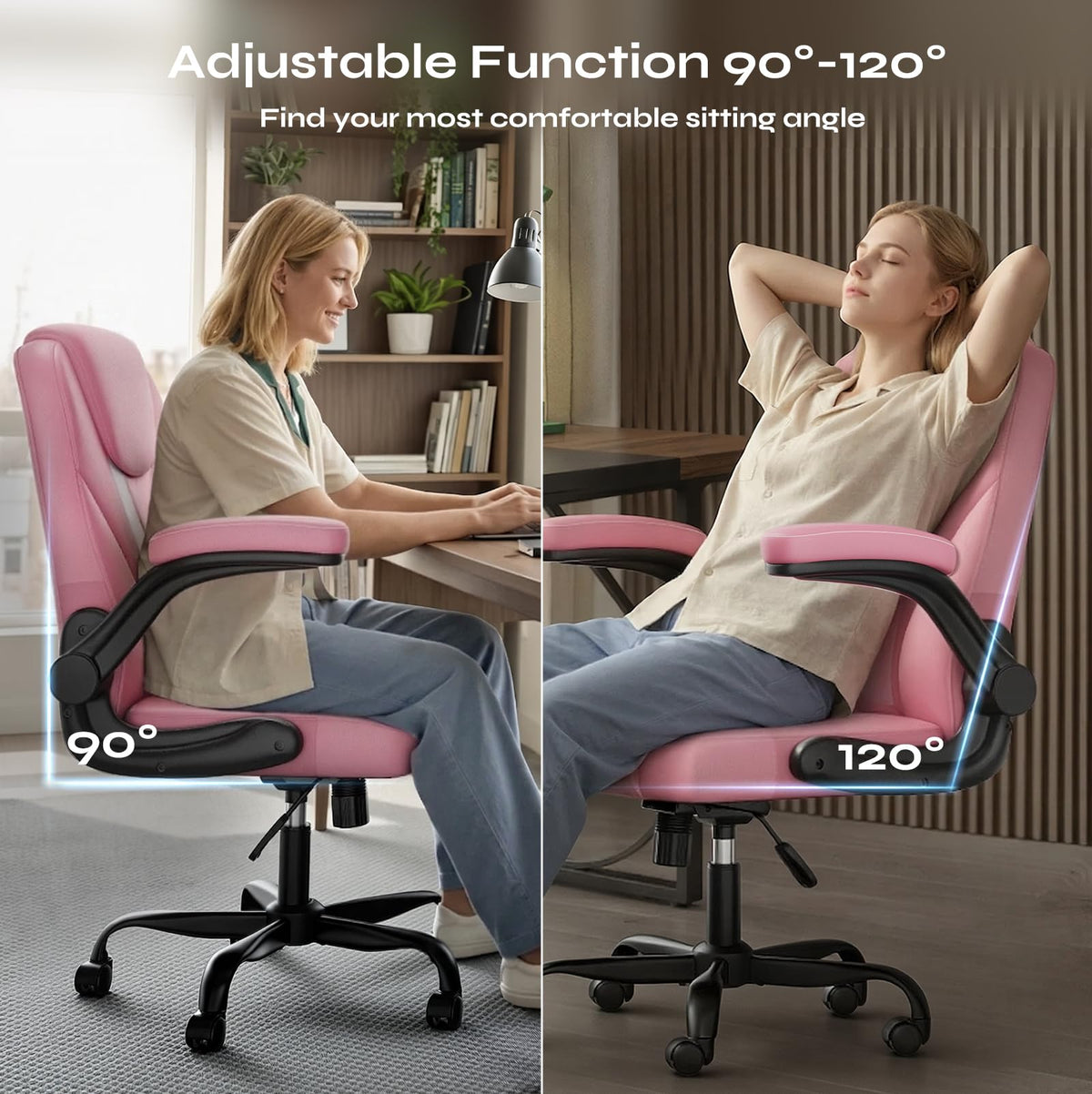 PU Leather Mid-Back Office Chair, Flip-Up Arms, 3.5" Dual-Layer Cushion
