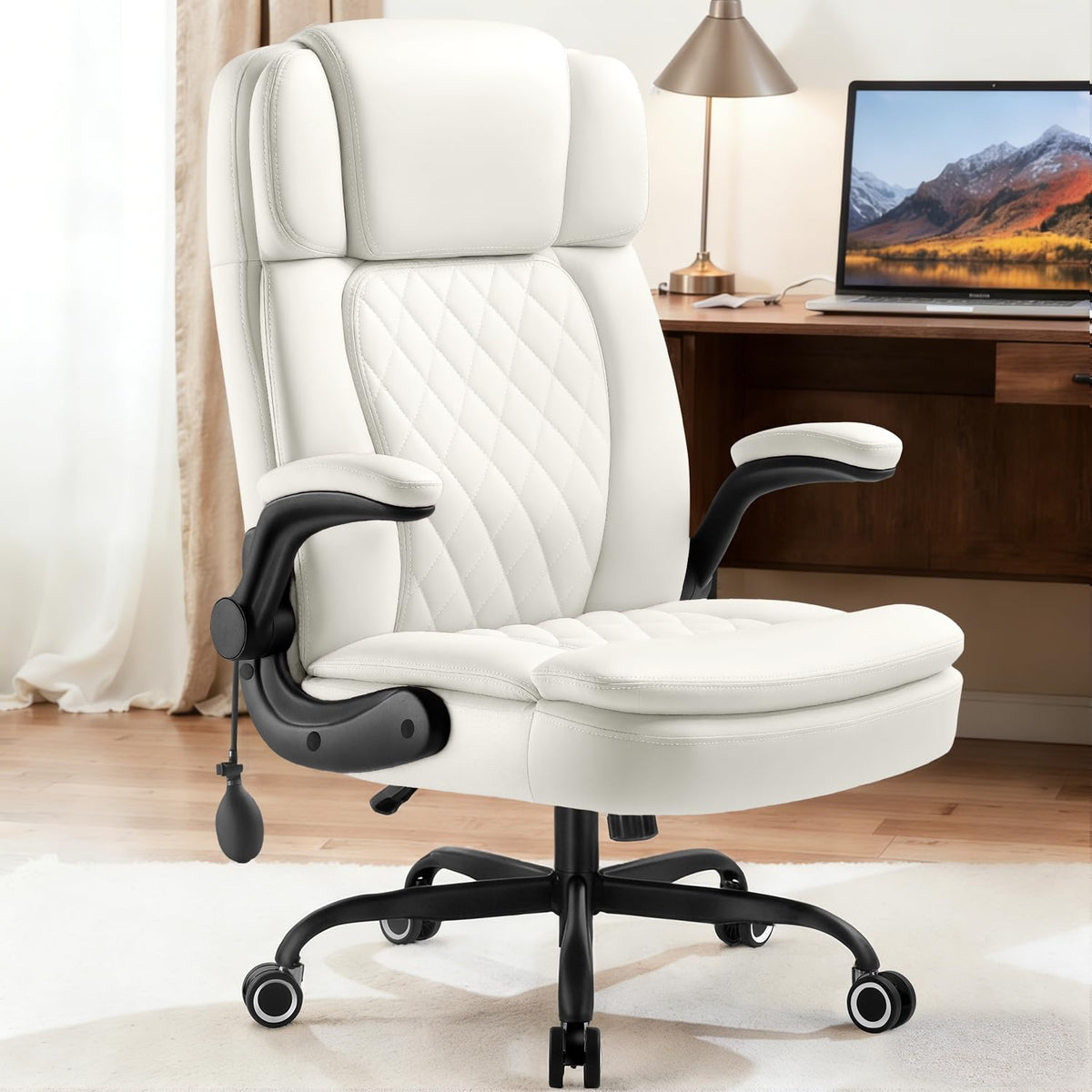 450LBS Big and Tall Executive Office Chair with Flip up Arm, Heavy Duty PU Leather Computer Desk Chair,Comfortable High Back Swivel Home Office Chair with Rolling for Adults,Spring Cushion,Metal Base