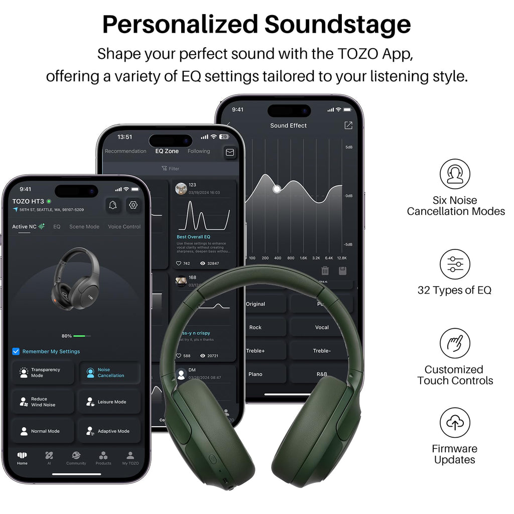 TOZO HT3 Hybrid Noise Cancelling Wireless Headphones, 90H Over Ear Headset