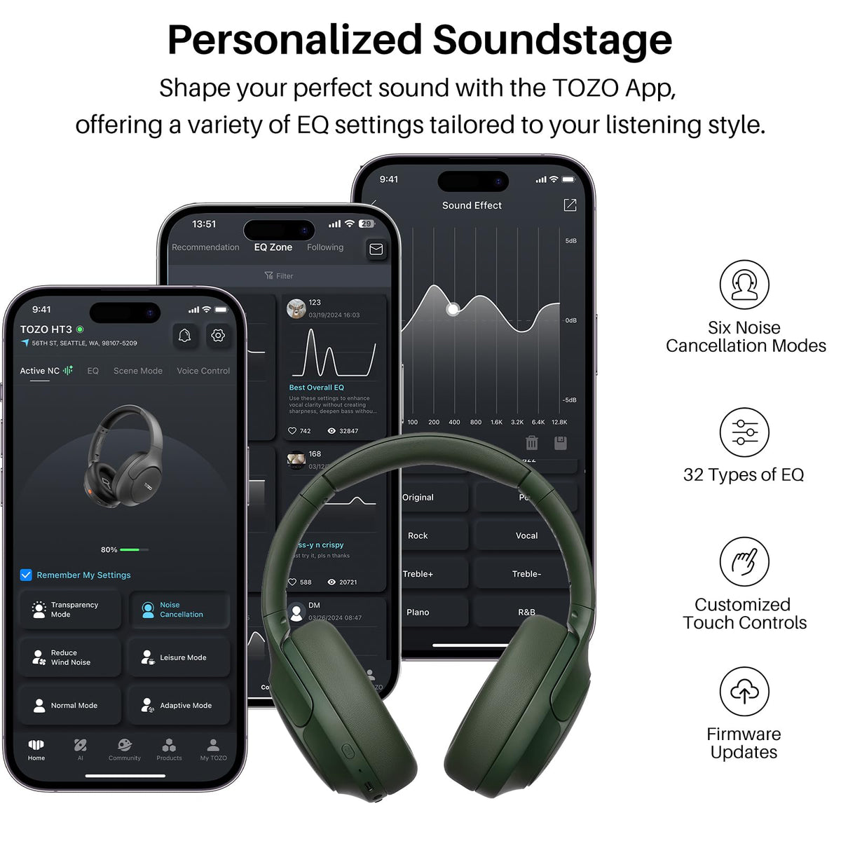 TOZO HT3 Hybrid Noise Cancelling Wireless Headphones, 90H Over Ear Headset