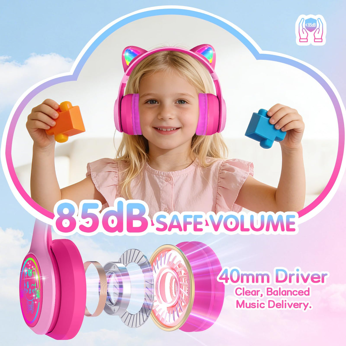 IFECCO Kids Bluetooth Headphones with Case,Cute LED Light Up Cat Ears