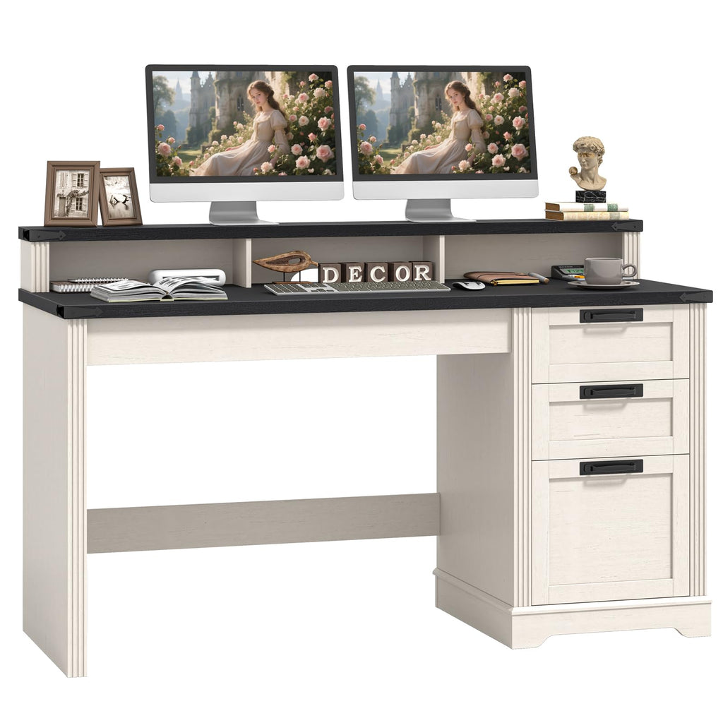 Vabches 51" Executive Desk Farmhouse Home Office Desk with Charging Station, LED Light, File Drawer, Storage Cabinet, Monitor Stand, Wood Computer Desk with Hutch for Work Study Writing (White)