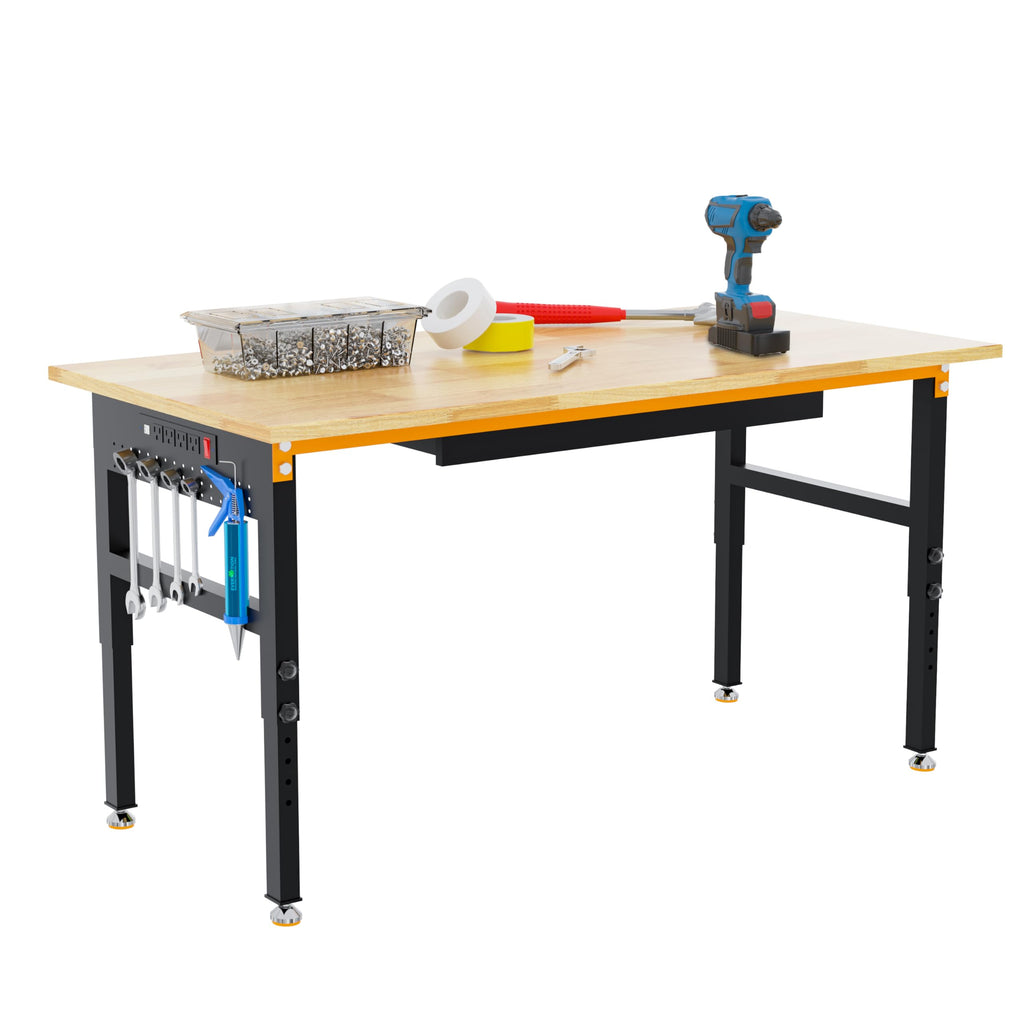 Betterhood 48" Heavy-Duty Adjustable Workbench for Garage, Rubber Wood Shop Table W/Metal Wheels, Hardwood Workstation Weight Capacity Over 2000 Lbs with Wheels
