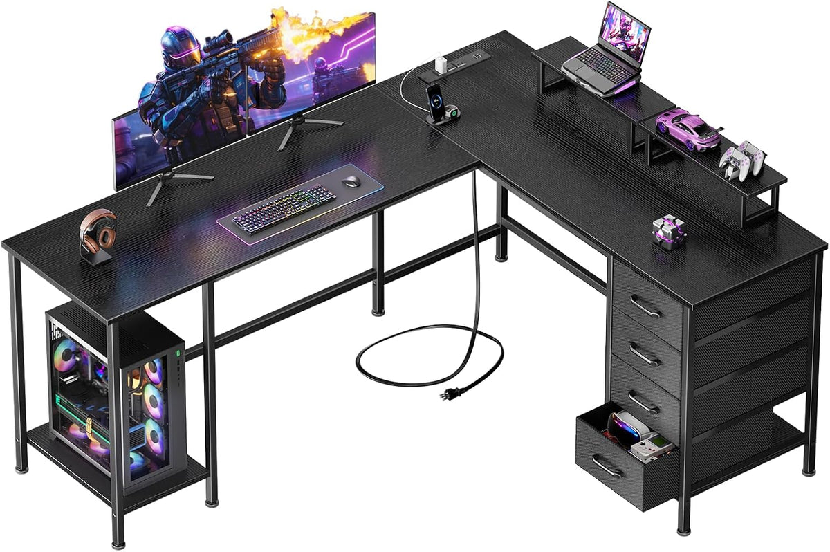 Korfile: 59" L-Shaped Computer Desk with Charging Station & Storage
