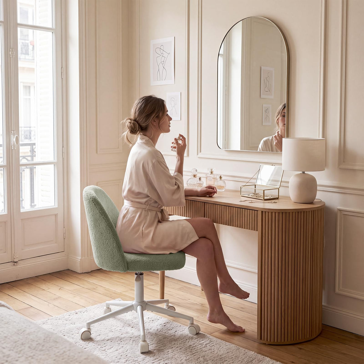 White Vanity Chair with Wheels＆Back, Armless Cute Desk Chair