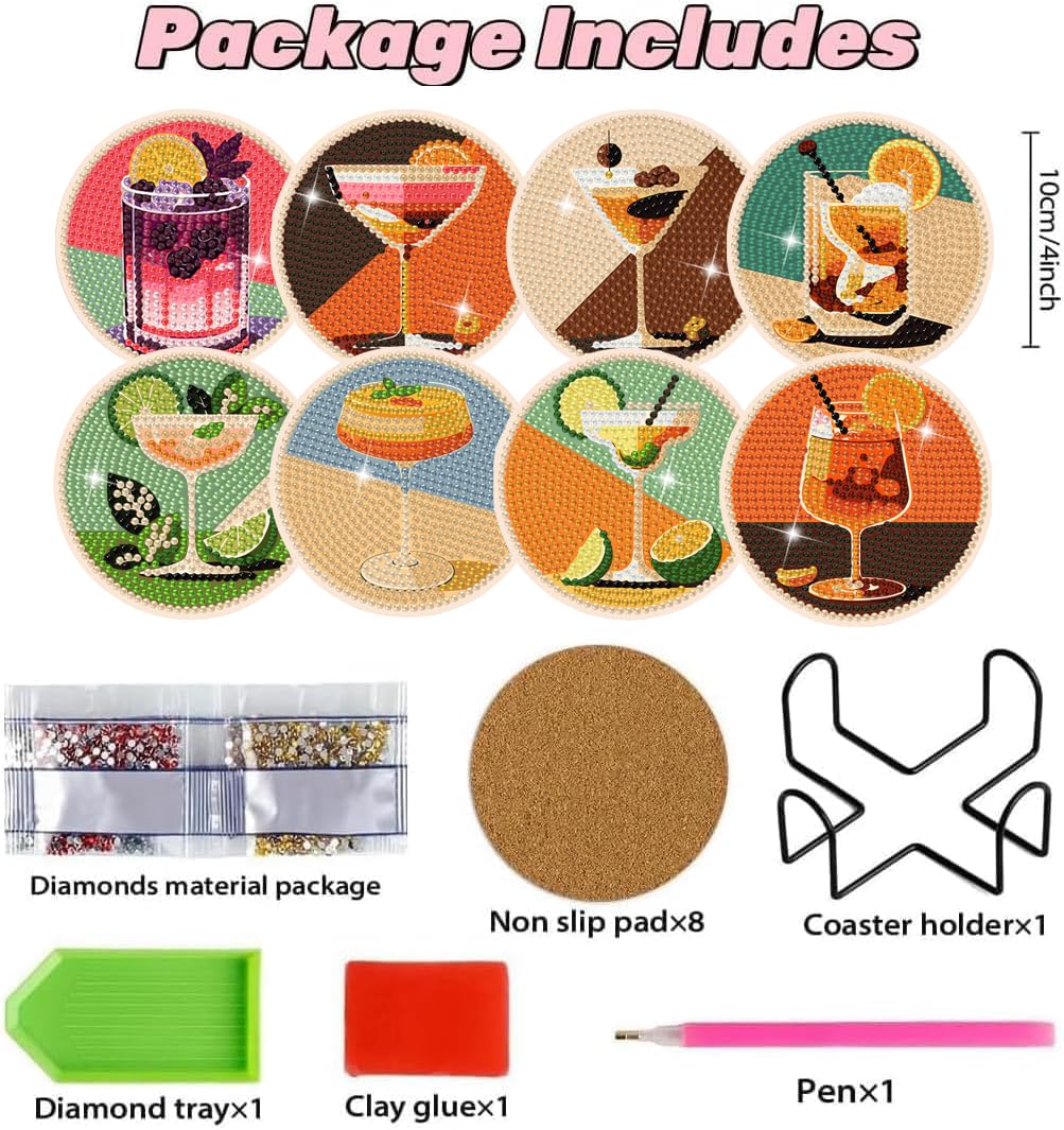 Puraikcmi 8PCs Diamond Paintings Coasters Kits Set, Funny Cat Diamond Art Coasters with Holder, DIY Crafts Diamond Art Kits Adult Craft Diamond Dots Gift