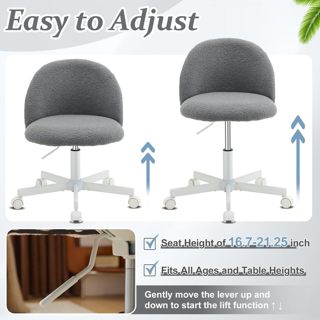 VINGLI Cute Candy Chair Armless Comfy Small Office Desk Vanity Chair with Wheels & Lumbar Support,Teddy Adjustable Rolling Swivel Computer Task Ch for Home Office,Bedroom,Gentle Pink