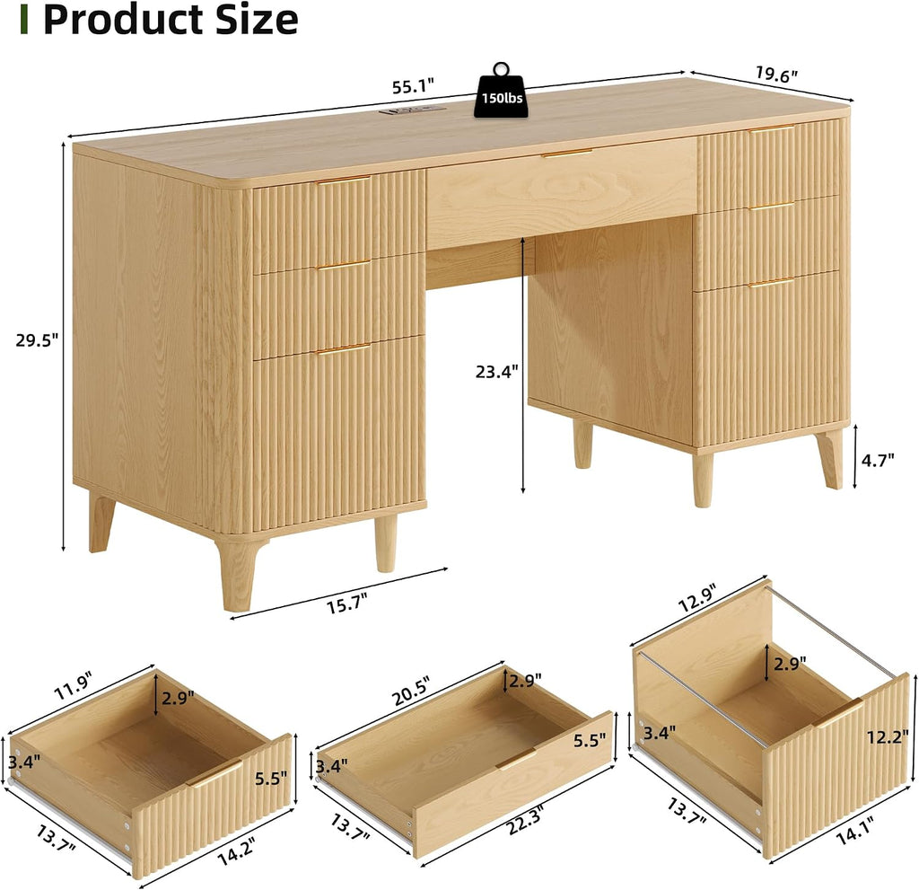 55.1" Fluted Executive Desk with Drawers, Wood Computer Desk with Storage Cabinet, Home Office Desk with Charging Station, Farmhouse Desk with File Cabinet for Office Home (Nature)