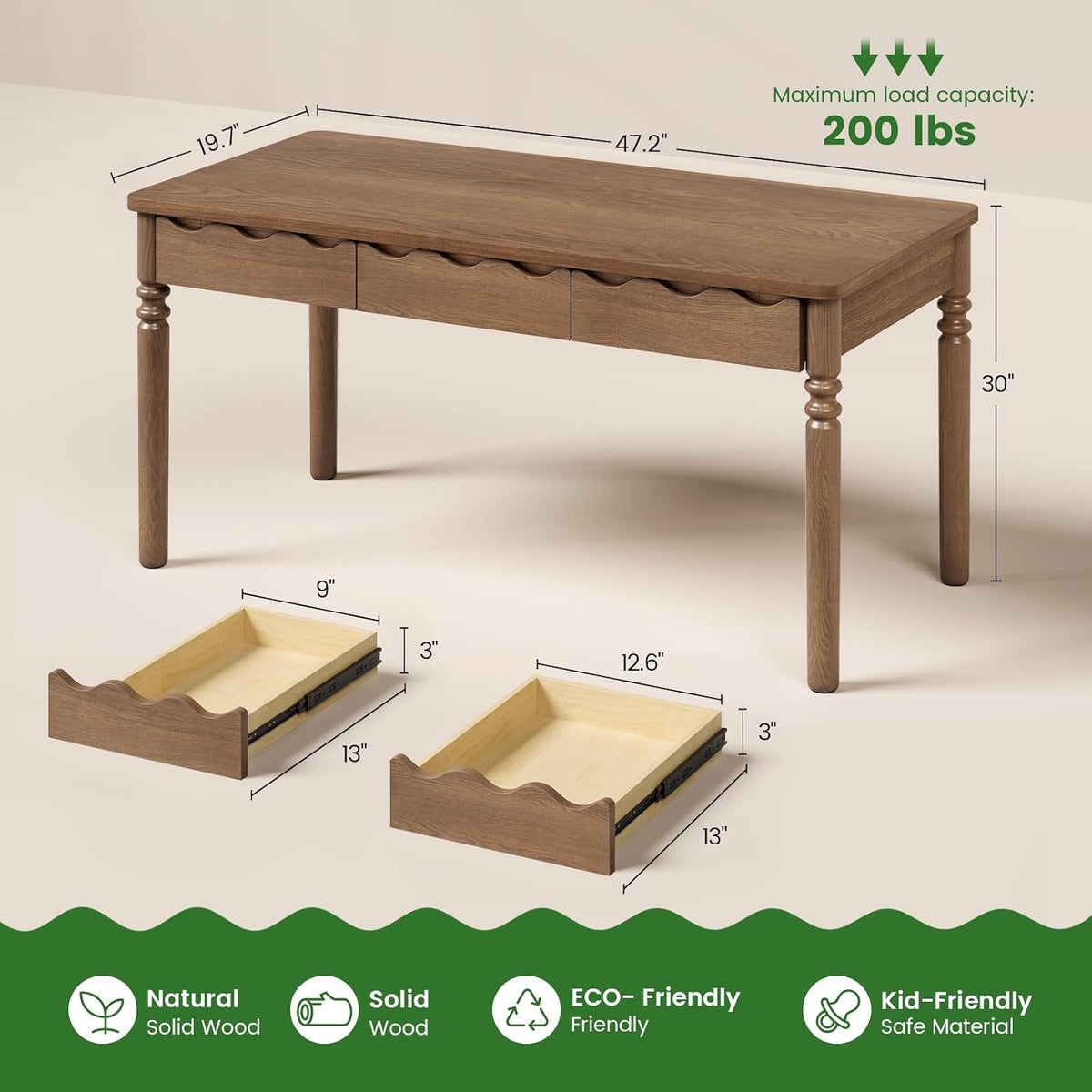 SEDETA Solid Pine Wood Computer Desk, 47'' Executive Home Office Desk with 3 Wood Drawers for Work Study Writing Bedroom, Makeup Vanity Desk, Brown