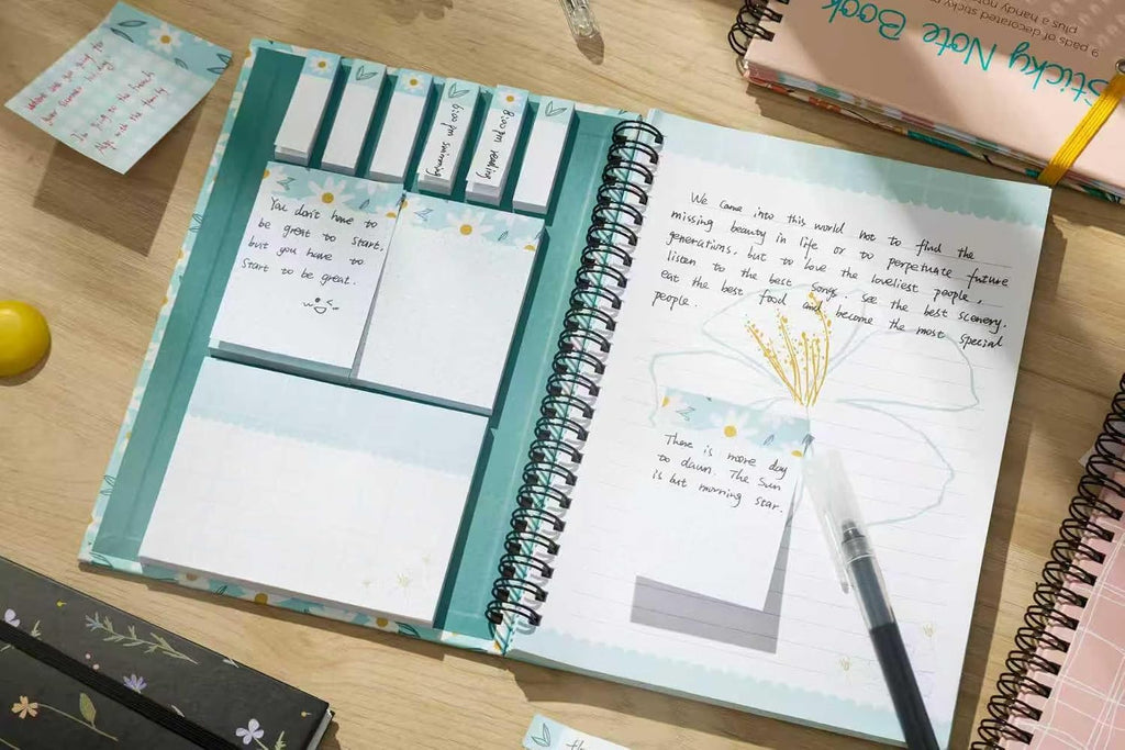 A5 Spiral Sticky Notebook,with 9 pads of decorated sticky notes and a handy notebook,for Bible study;Note Pads Teacher Appreciation Gift Writing Memo Pads School Office Supplies and Daily Life Organization (Daisy)