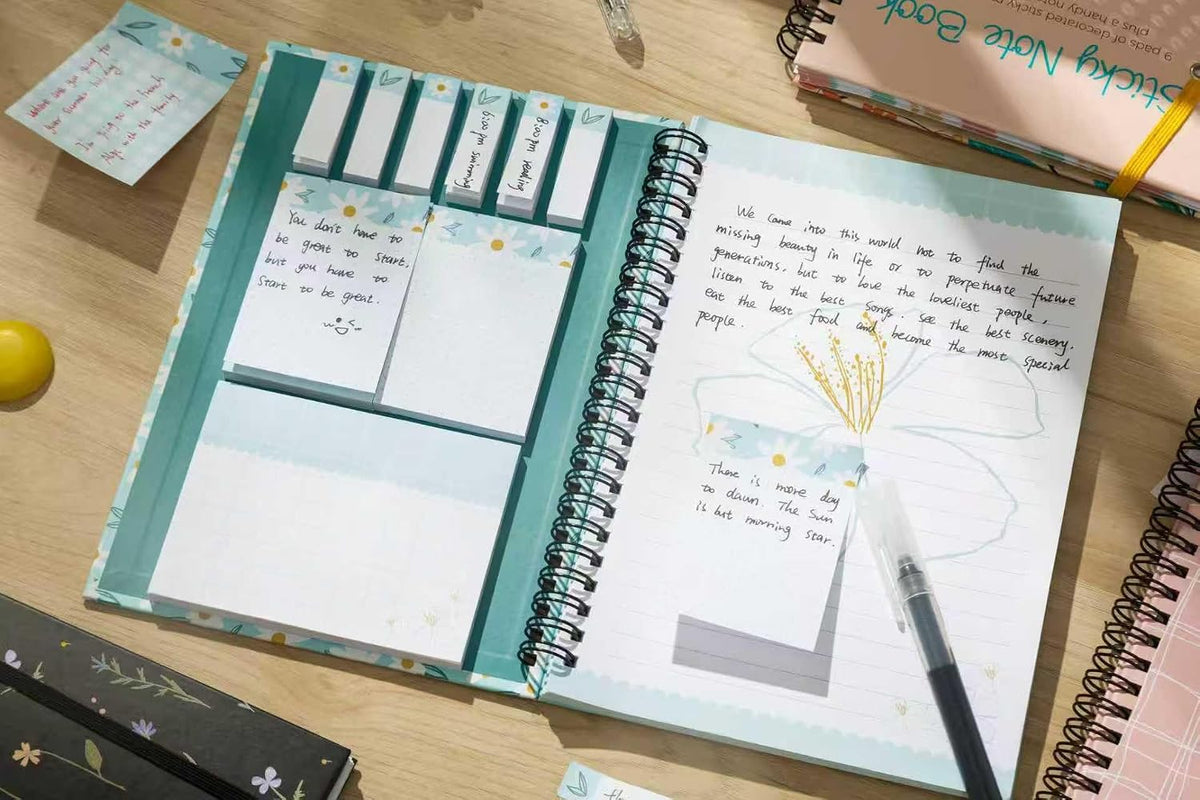 A5 Spiral Sticky Notebook,with 9 pads of decorated sticky notes and a handy notebook,for Bible study;Note Pads Teacher Appreciation Gift Writing Memo Pads School Office Supplies and Daily Life Organization (Daisy)