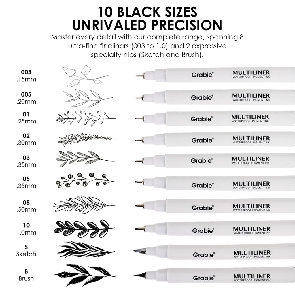Grabie Micro Fineliner Pens, 10 Multicolor Waterproof Drawing Pens