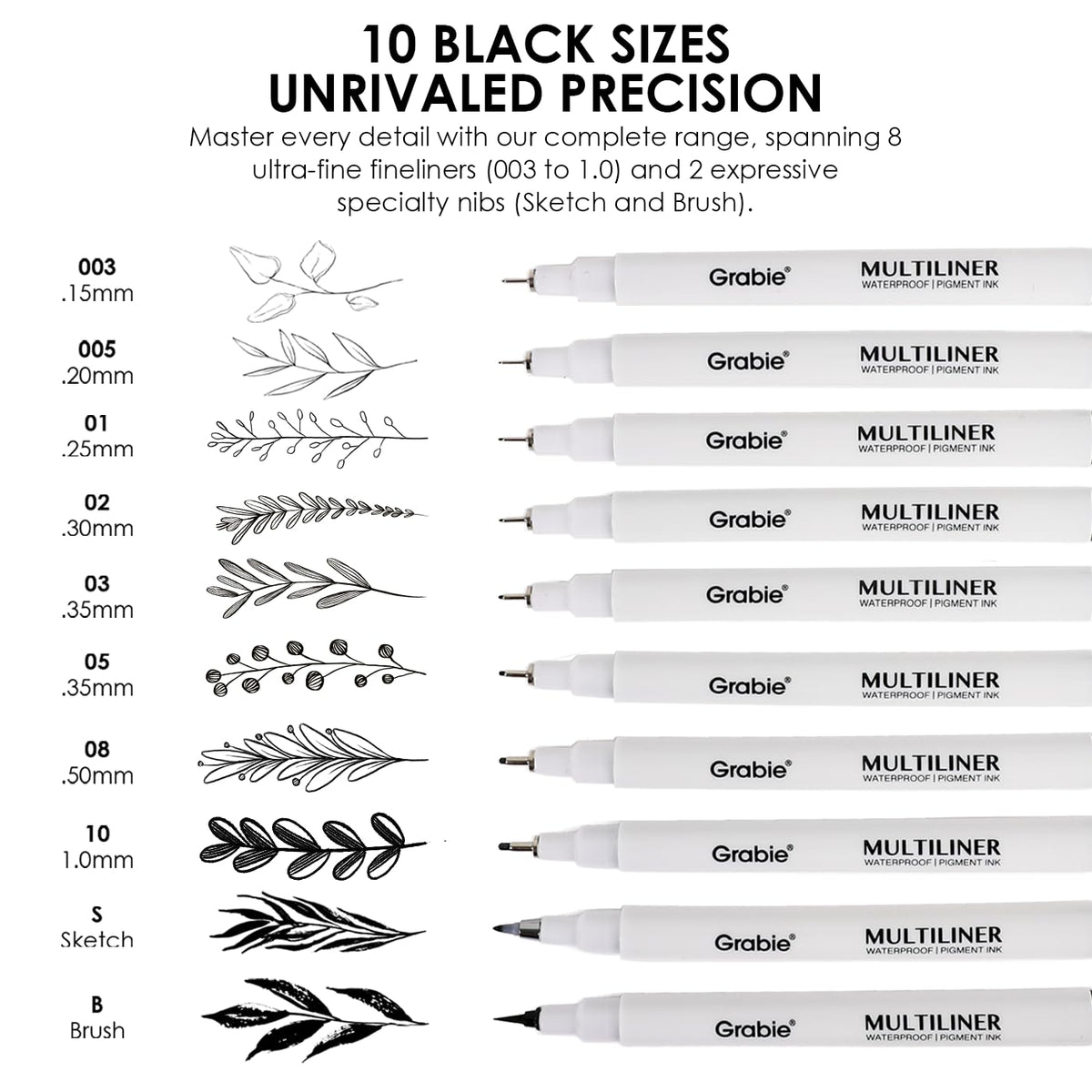 Grabie Micro Fineliner Pens, 10 Multicolor Waterproof Drawing Pens