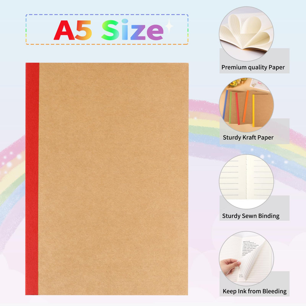 EOOUT 5 Pack A5 Composition Notebook, Kraft Lined Journal Bulk with Rainbow Spine, 5 Colors, 60 Pages for Women Girls Kids, School Office Supplies