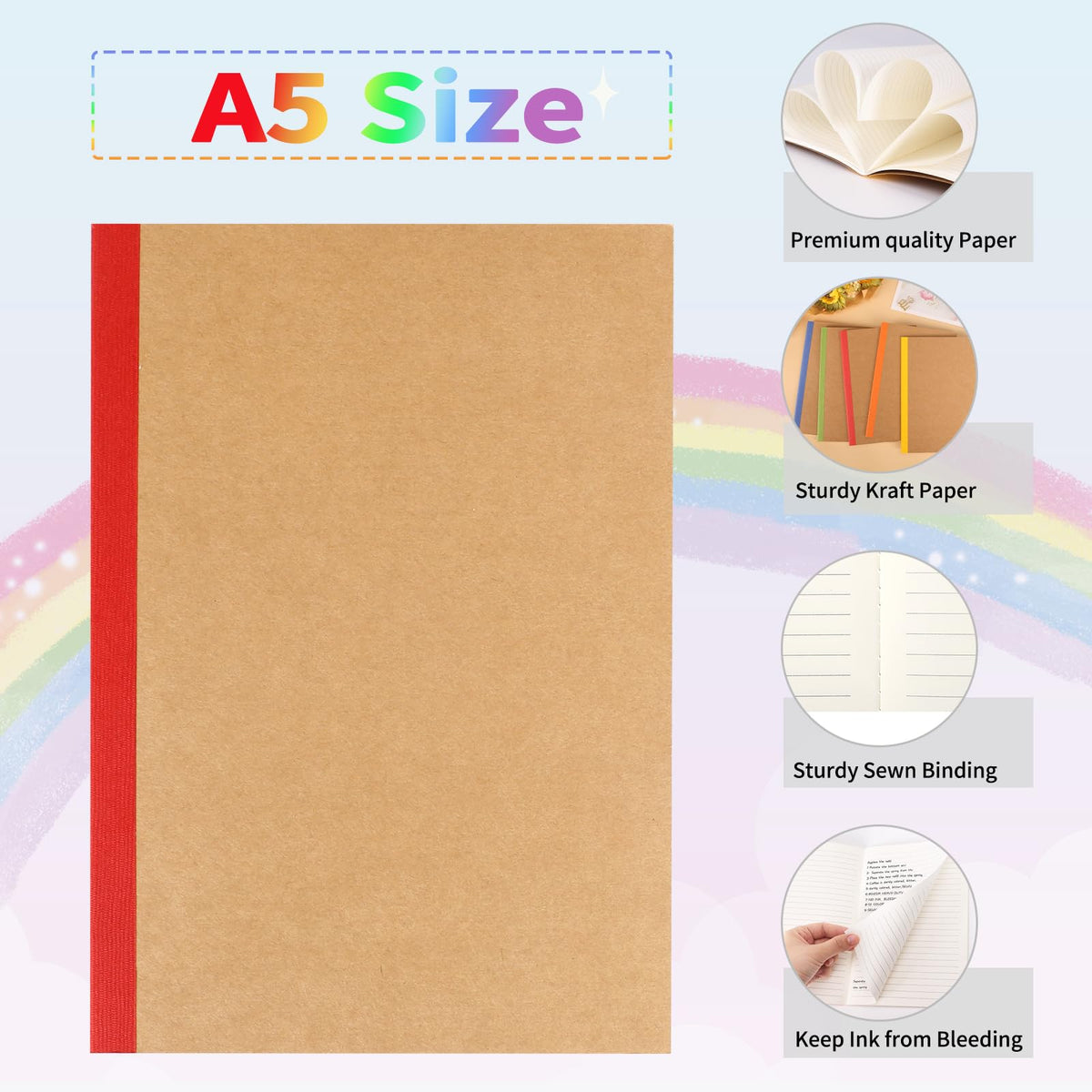 EOOUT 5 Pack A5 Composition Notebook, Kraft Lined Journal Bulk with Rainbow Spine, 5 Colors, 60 Pages for Women Girls Kids, School Office Supplies