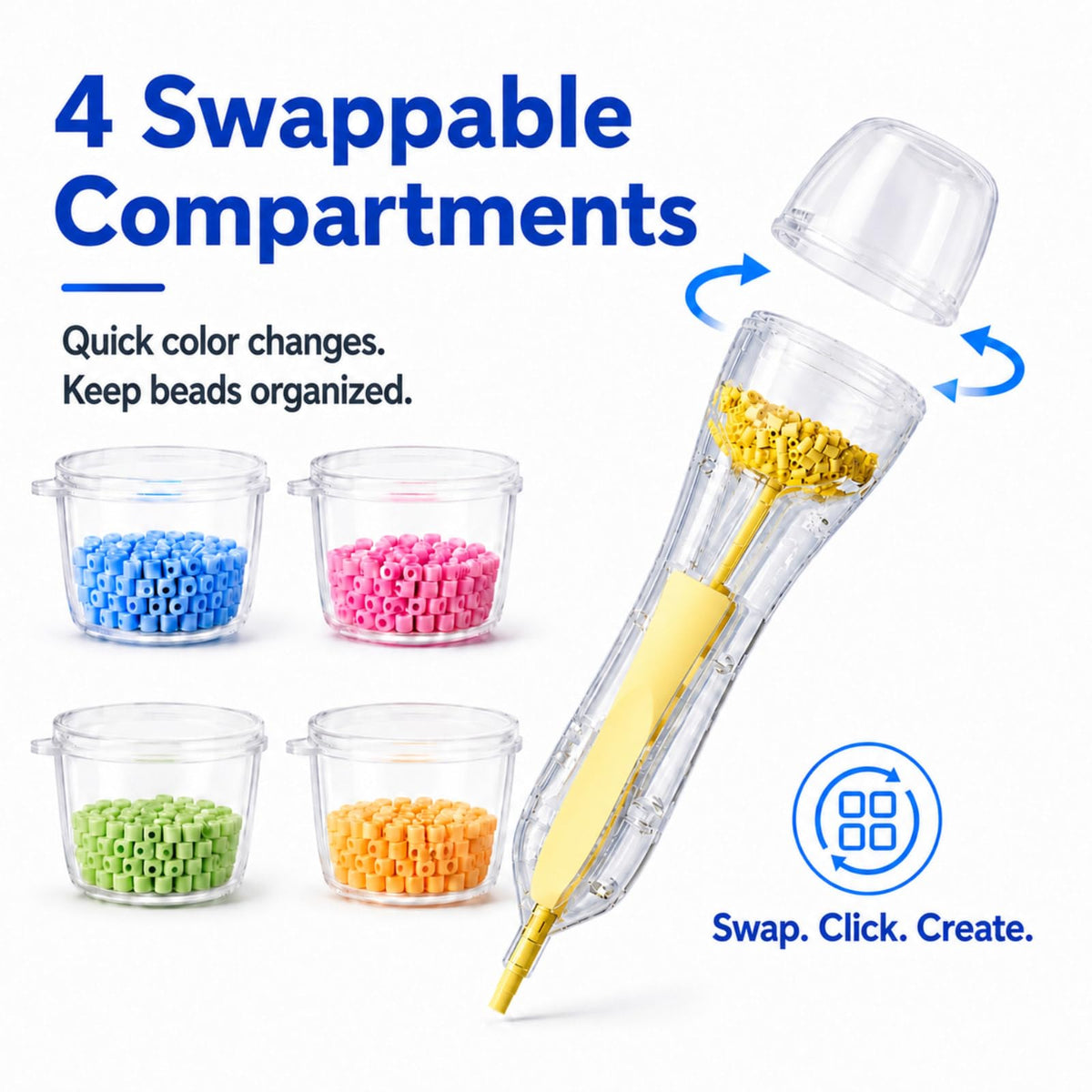 2.6mm Fuse Bead Pen with 4 Swappable Lidded Compartments for Mini Fuse Beads, Quick Color Switching, Precise and Easy Bead Placement Tool, Gift for Bead Art Lovers, Blue