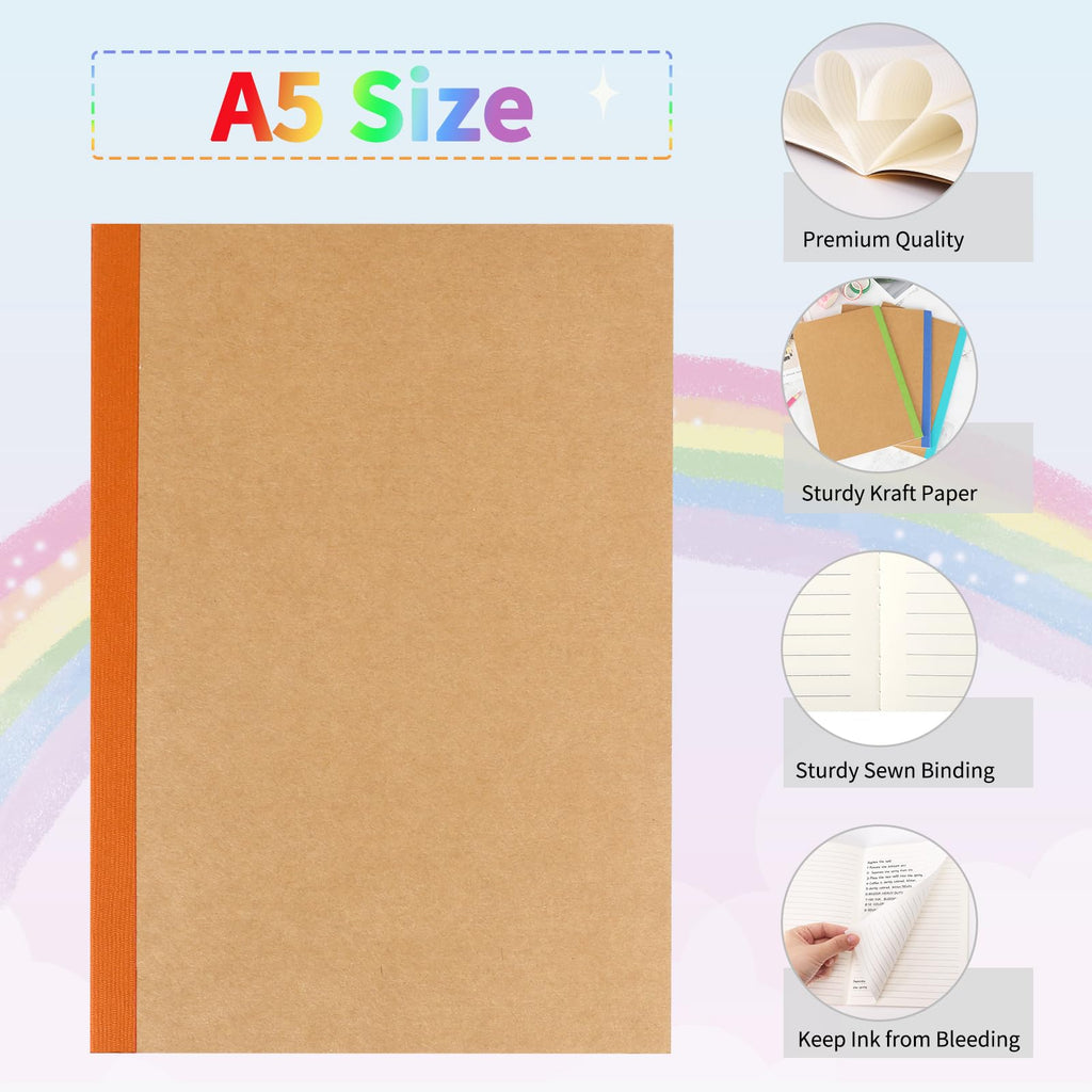 EOOUT 5 Pack A5 Composition Notebook, Kraft Lined Journal Bulk with Rainbow Spine, 5 Colors, 60 Pages for Women Girls Kids, School Office Supplies