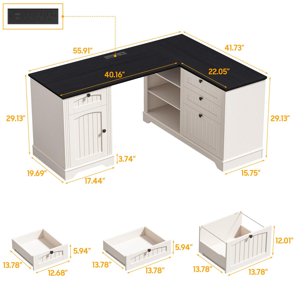 Vabches 51" Executive Desk Farmhouse Home Office Desk with Charging Station, LED Light, File Drawer, Storage Cabinet, Monitor Stand, Wood Computer Desk with Hutch for Work Study Writing (White)