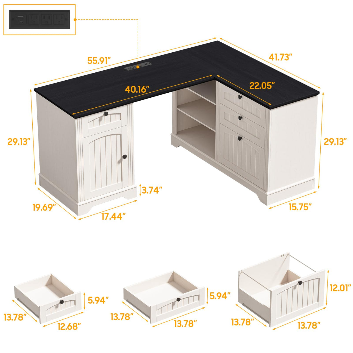 Vabches 51" Executive Desk Farmhouse Home Office Desk with Charging Station, LED Light, File Drawer, Storage Cabinet, Monitor Stand, Wood Computer Desk with Hutch for Work Study Writing (White)