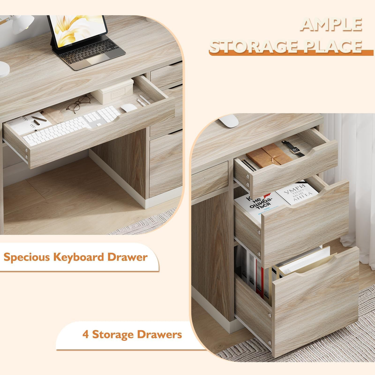 MaverickFurni White Desk with Drawers, 48 Inch Small Computer Desk
