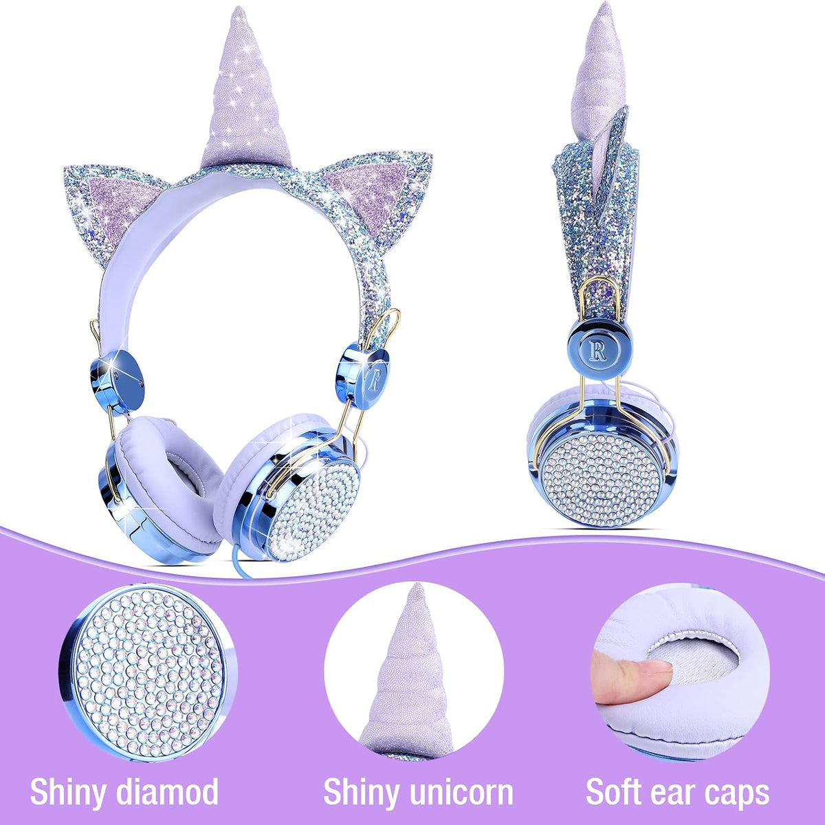 TCJJ Unicorn Kids Wired Headphones with Mic, 3.5mm Jack, On Ear