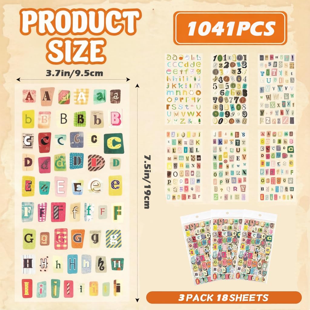 347PCS Vintage Stickers, 6 Sheet Scrapbook Stickers Graffiti, Cute Vintage Letters Numbers Self Adhesive Decals Scrapbooking Supplies for Diary DIY Art Album Paper Crafts (347PCS)