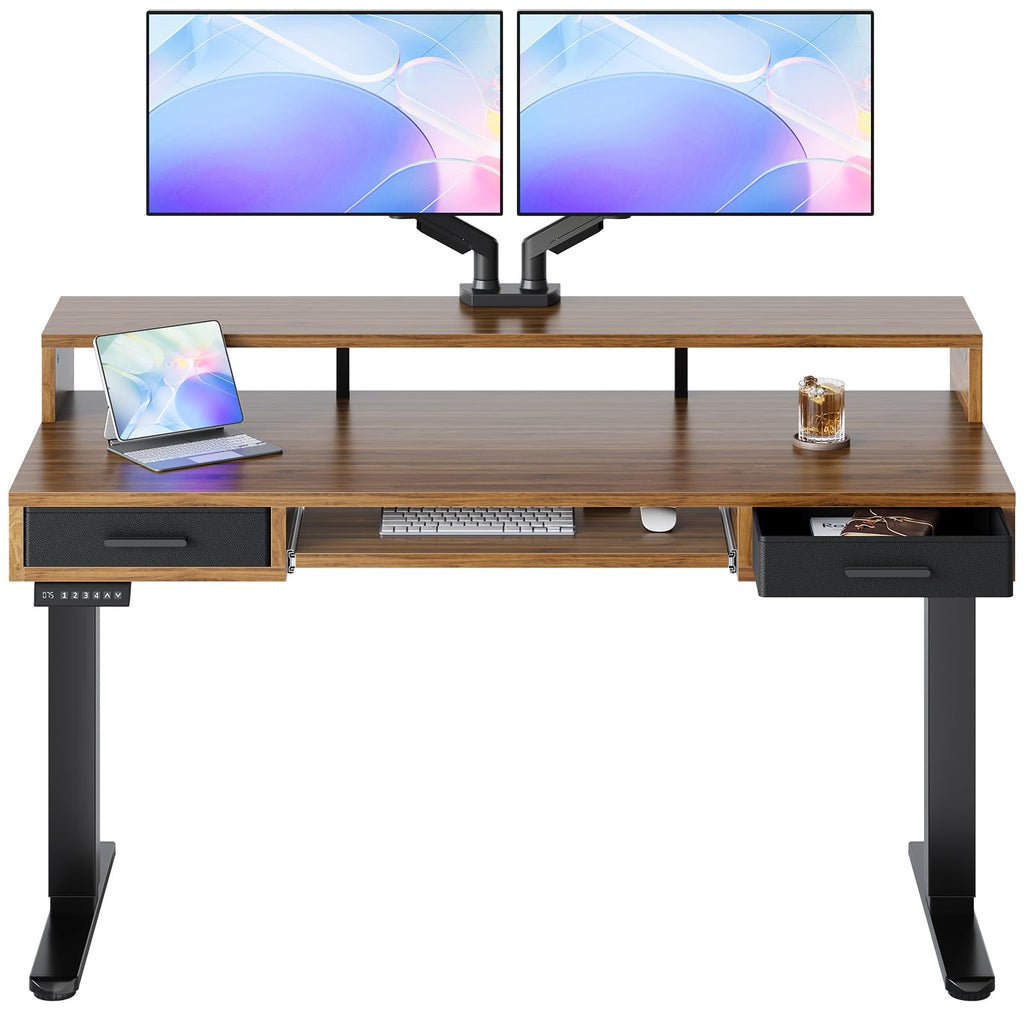 HUANUO 55″ x 26″ Electric Standing Desk with 2 Drawers &24.4″ Large Keyboard Tray, C-Clamp Mount Compatible, Adjustable Computer Desk for Office, Sit Stand Up Desk with 4 Height Presets, Light Walnut