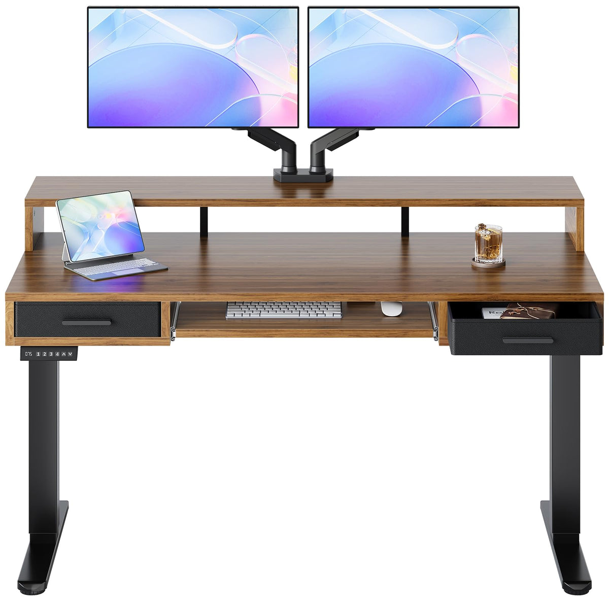 HUANUO 55″ x 26″ Electric Standing Desk with 2 Drawers &24.4″ Large Keyboard Tray, C-Clamp Mount Compatible, Adjustable Computer Desk for Office, Sit Stand Up Desk with 4 Height Presets, Light Walnut