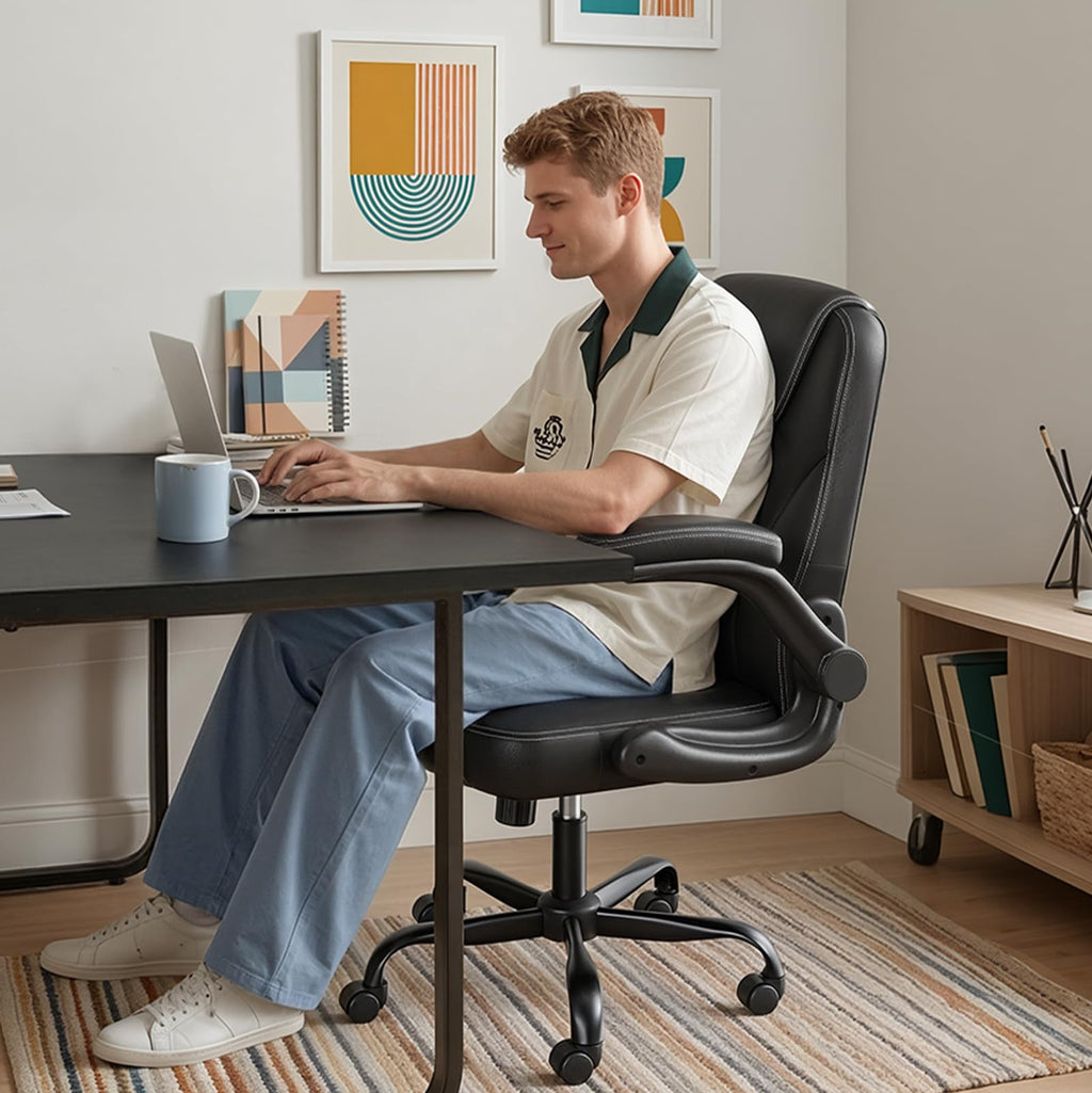 PU Leather Mid-Back Office Chair, Flip-Up Arms, 3.5" Dual-Layer Cushion