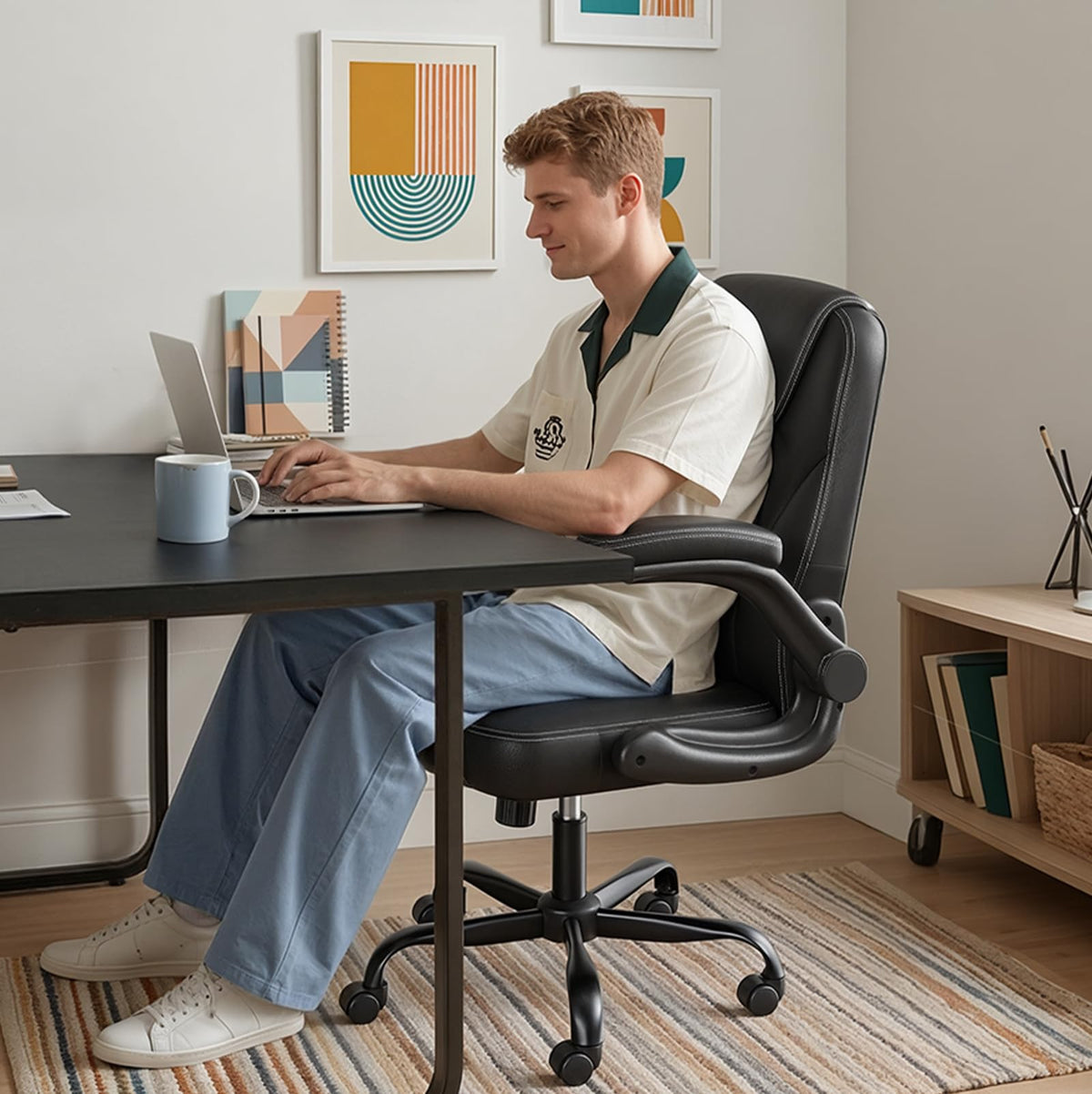 PU Leather Mid-Back Office Chair, Flip-Up Arms, 3.5" Dual-Layer Cushion