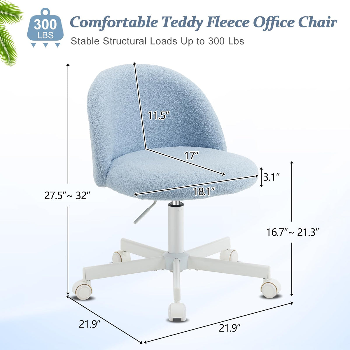 VINGLI Cute Candy Chair Armless Comfy Small Office Desk Vanity Chair with Wheels & Lumbar Support,Teddy Adjustable Rolling Swivel Computer Task Ch for Home Office,Bedroom,Gentle Pink