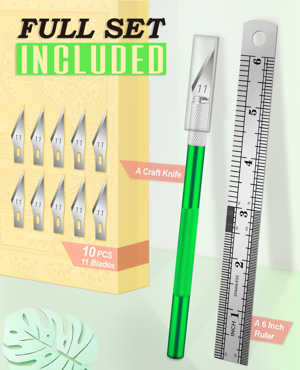 DIYSELF Craft Hobby Knife Set with 10 Extra #11 Blades, 6-Inch Metal Ruler