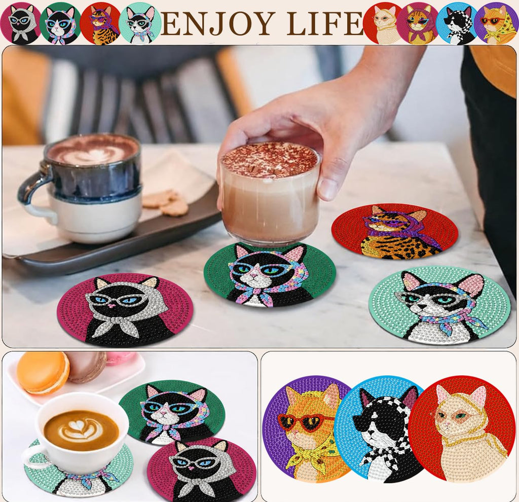 Puraikcmi 8PCs Diamond Paintings Coasters Kits Set, Funny Cat Diamond Art Coasters with Holder, DIY Crafts Diamond Art Kits Adult Craft Diamond Dots Gift