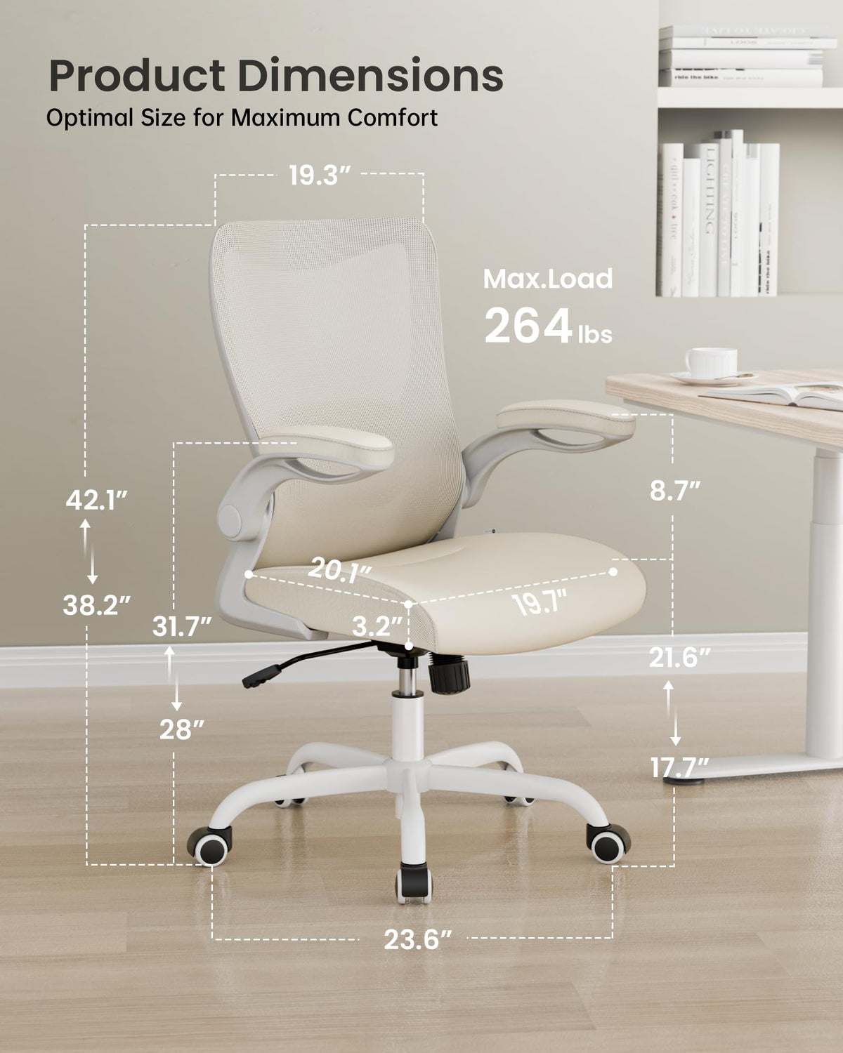 MUXX.STIL Office Chair, Ergonomic Desk Chair with Adjustable Lumbar Support and Flip up Armrest, Breathable Mesh Computer Chair for Home Office, Khaki