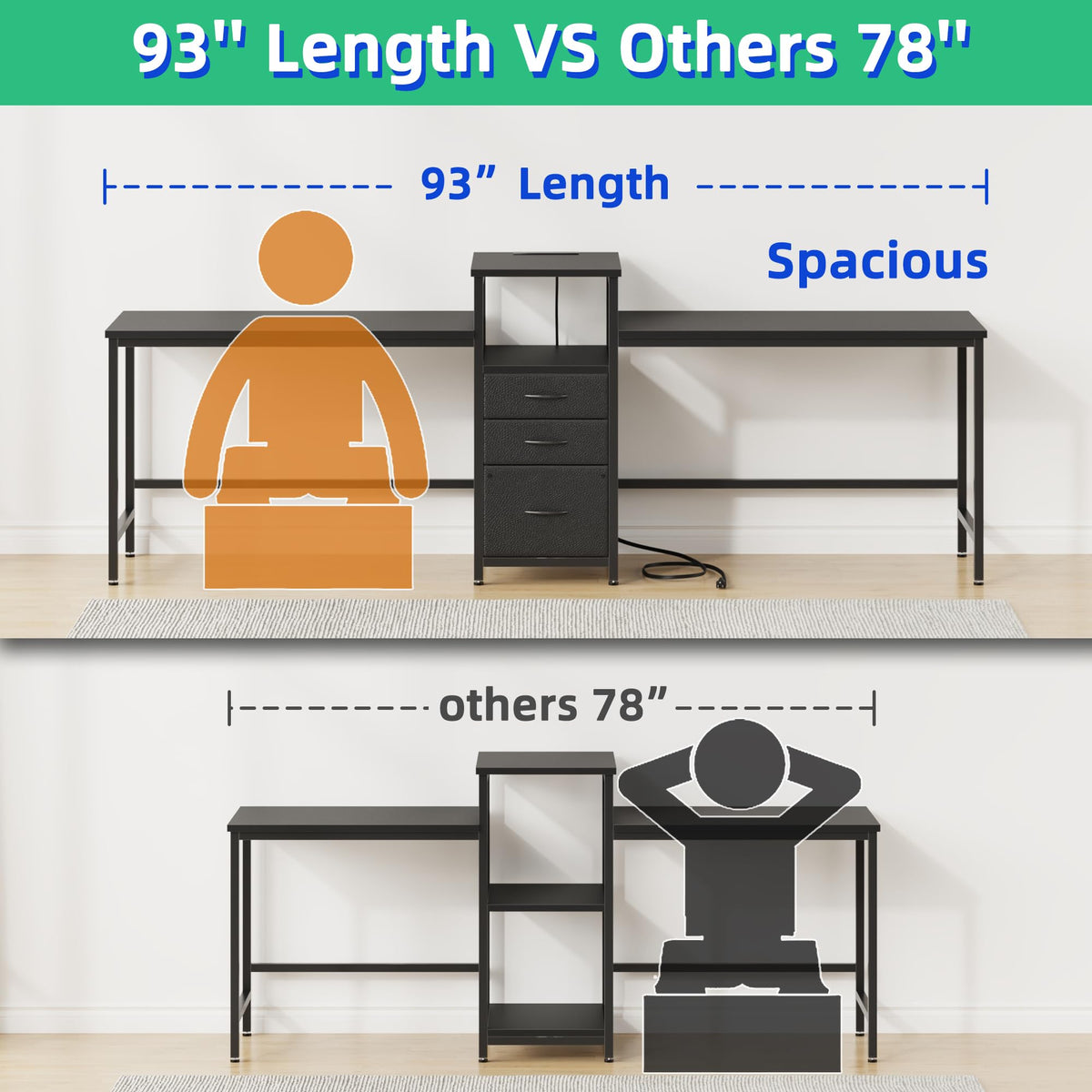 GYIIYUO 93'' Two Person Desk with Charging Station, Long Desk with 3 Drawer